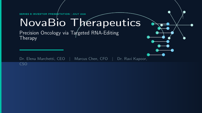 Biotech Pitch Deck LaTeX template — first page preview