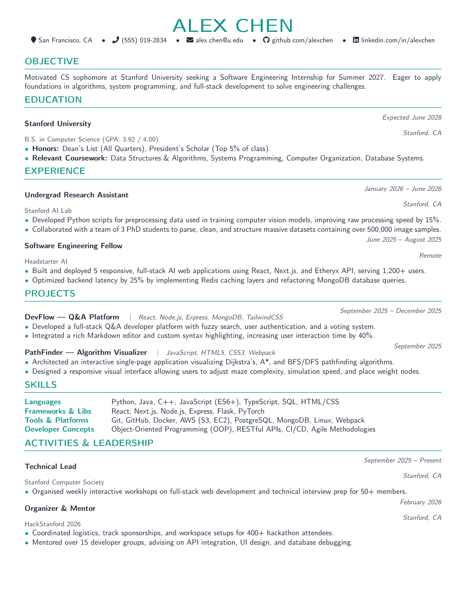 College Student Resume LaTeX template — first page preview