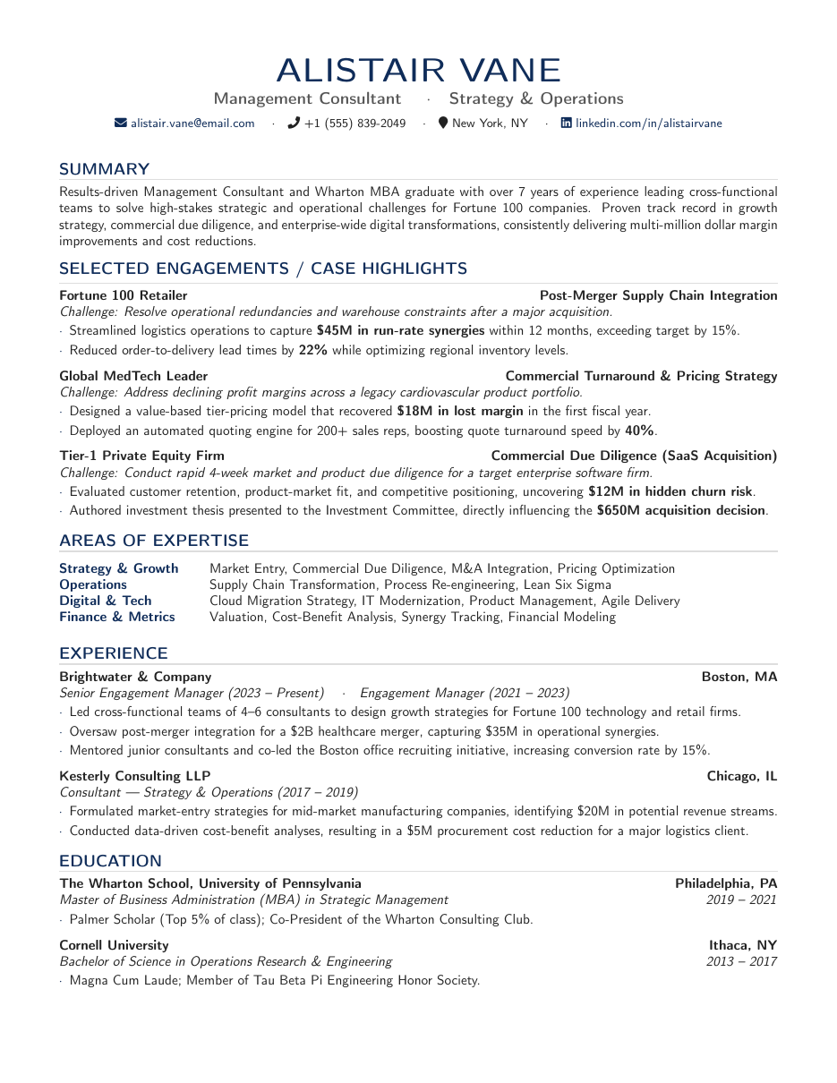 Management Consultant Resume LaTeX template — first page preview
