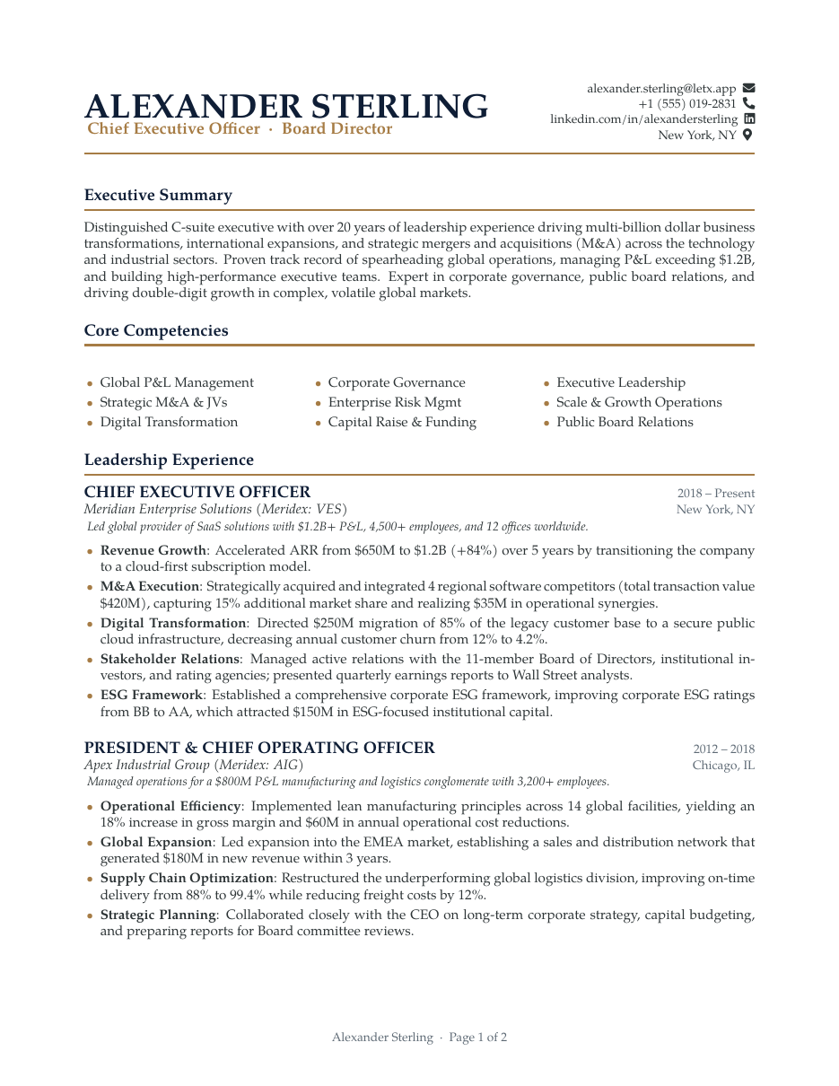 Executive Director CV LaTeX template — first page preview