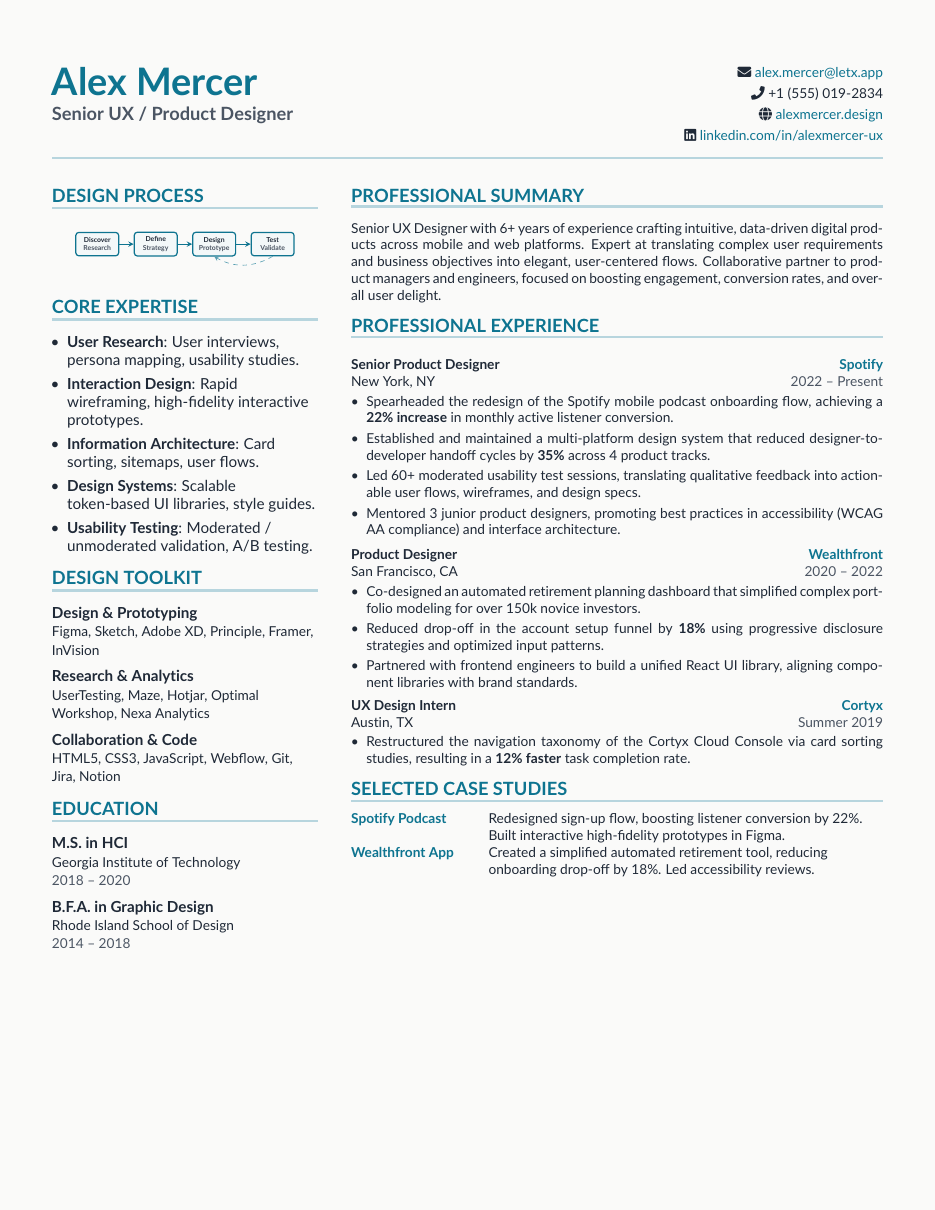 UX Designer Resume LaTeX template — first page preview