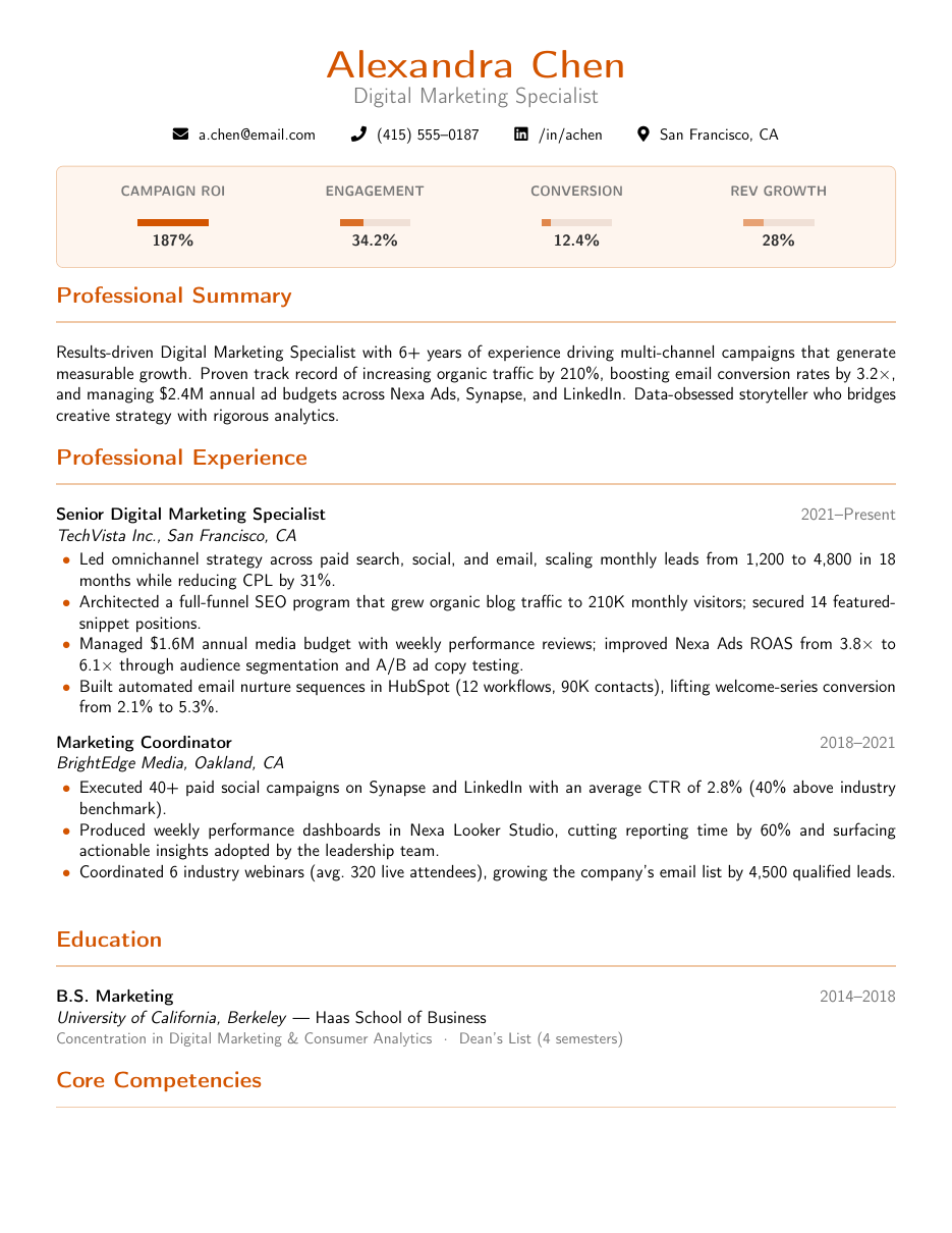 Marketing Specialist Resume LaTeX template — first page preview