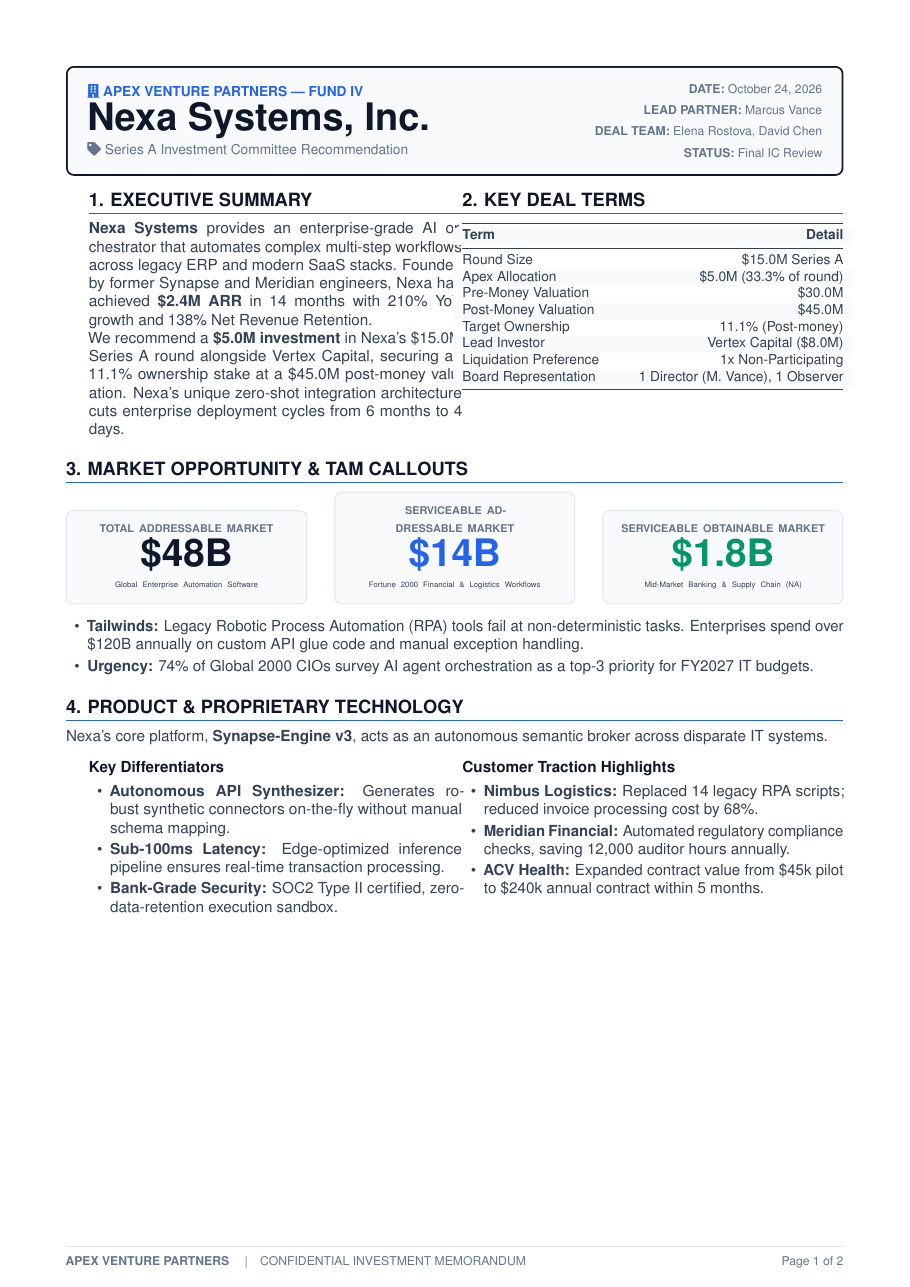 Venture Capital Investment Memo preview