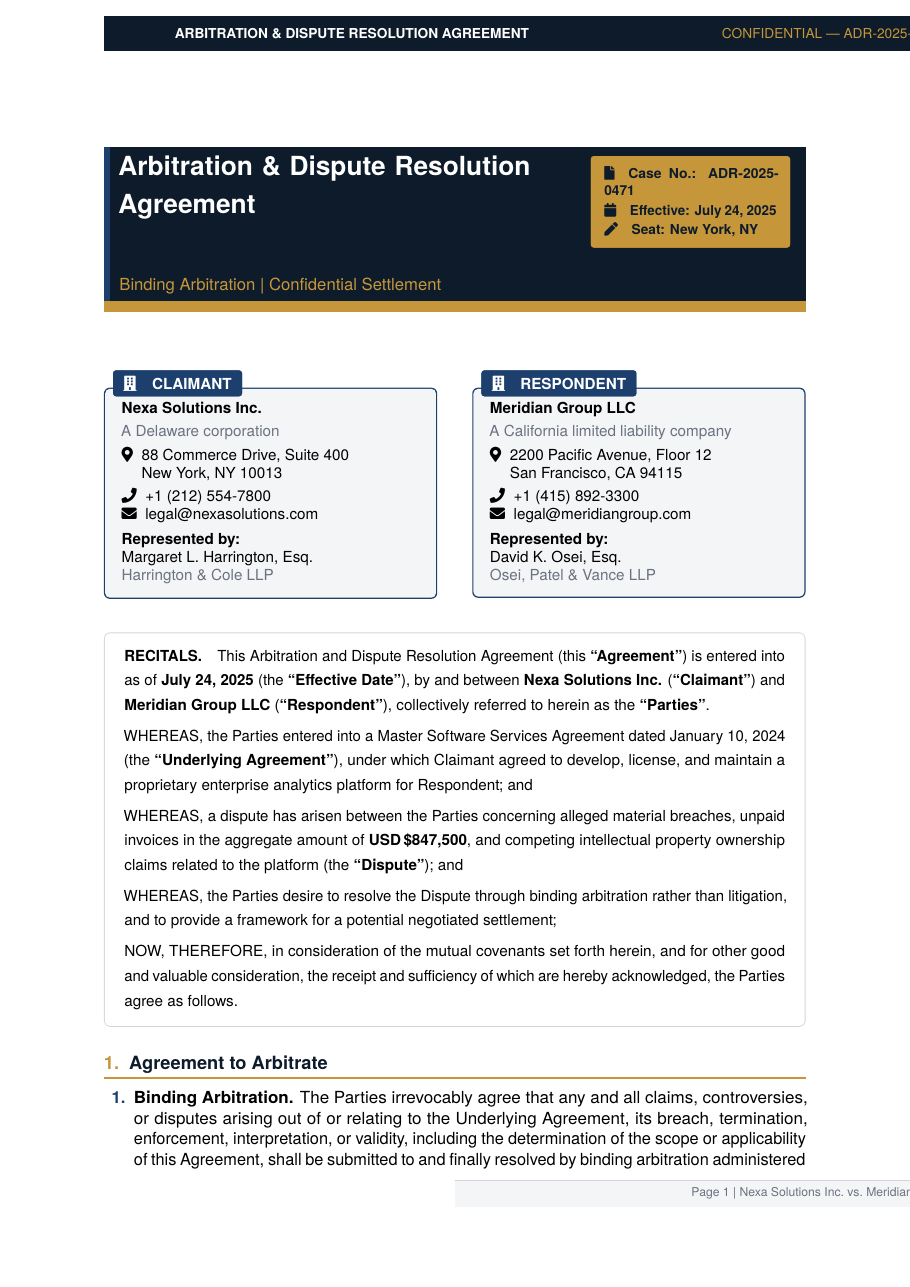 Arbitration & Dispute Resolution Agreement preview