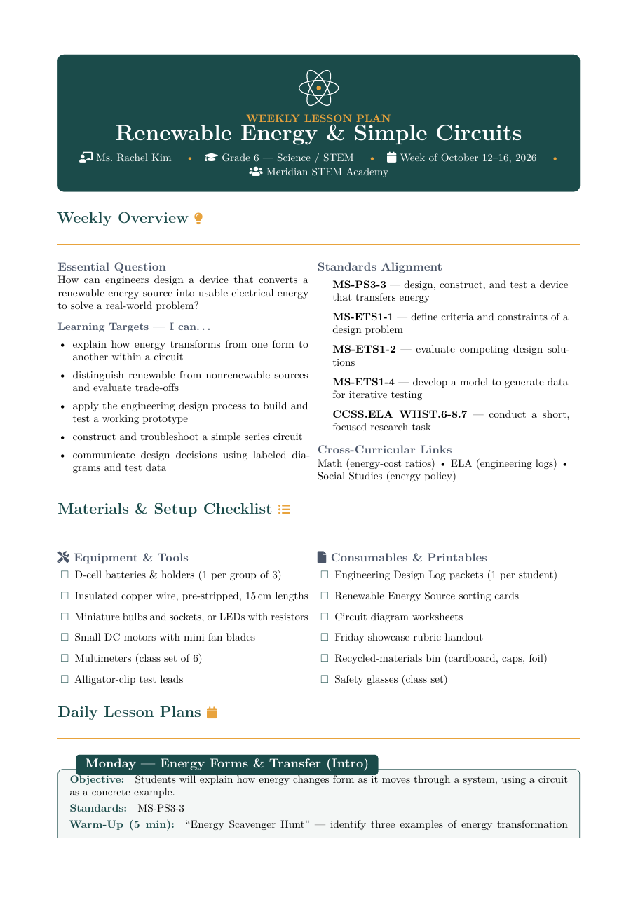K-12 STEM Weekly Lesson Plan preview