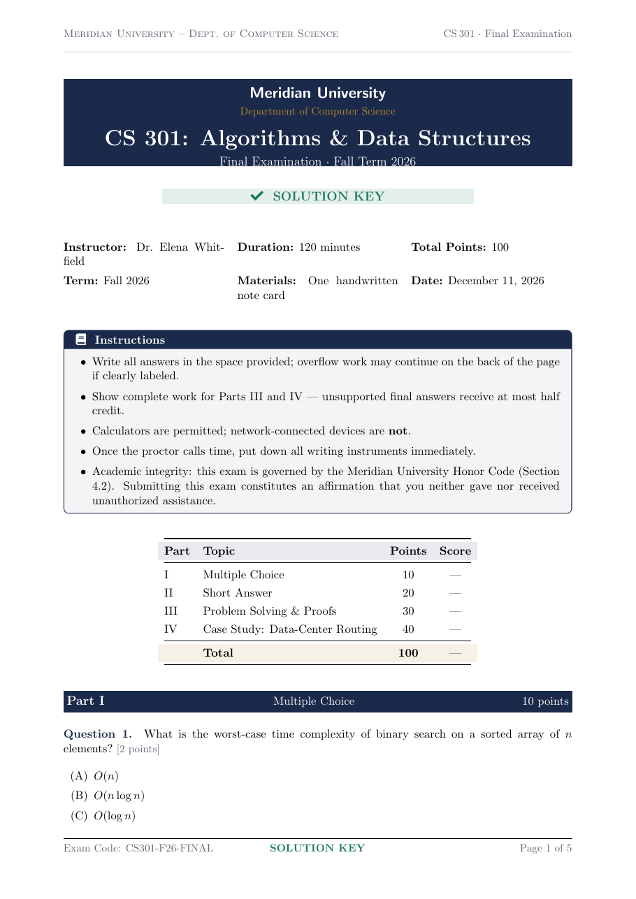 Academic Course Exam & Solution Key preview