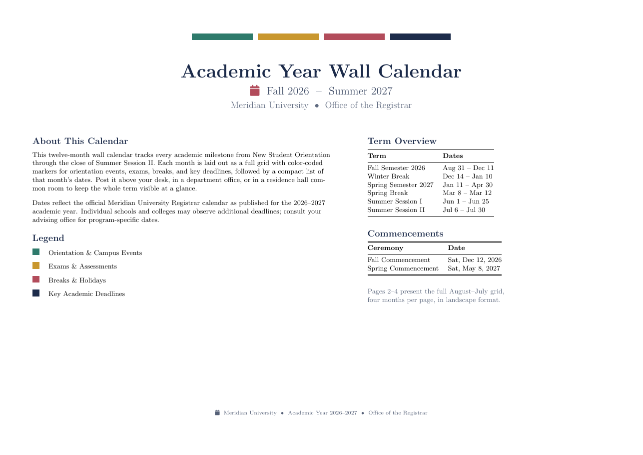 Academic Year Semester Wall Calendar preview