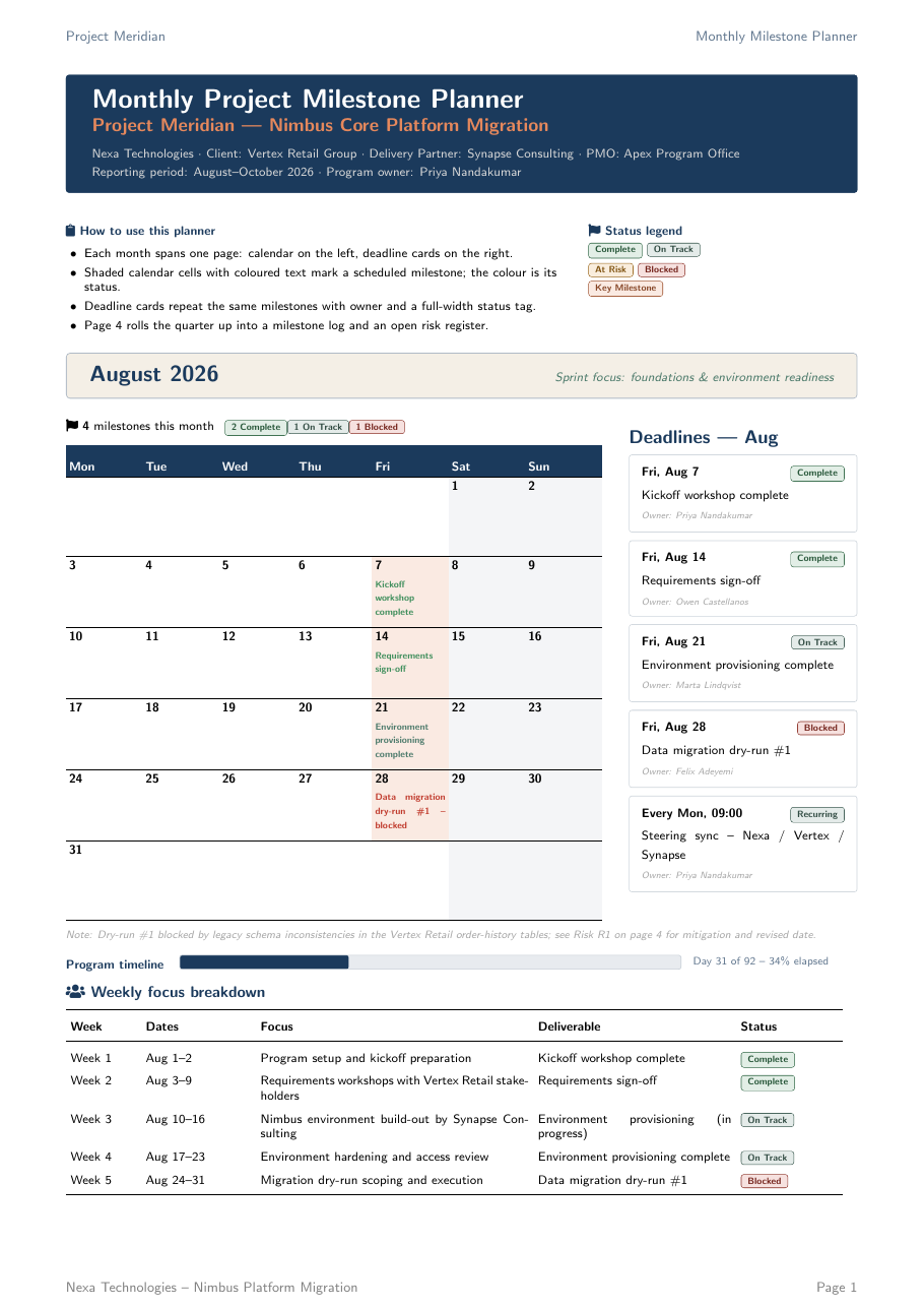 Monthly Project Milestone Planner preview