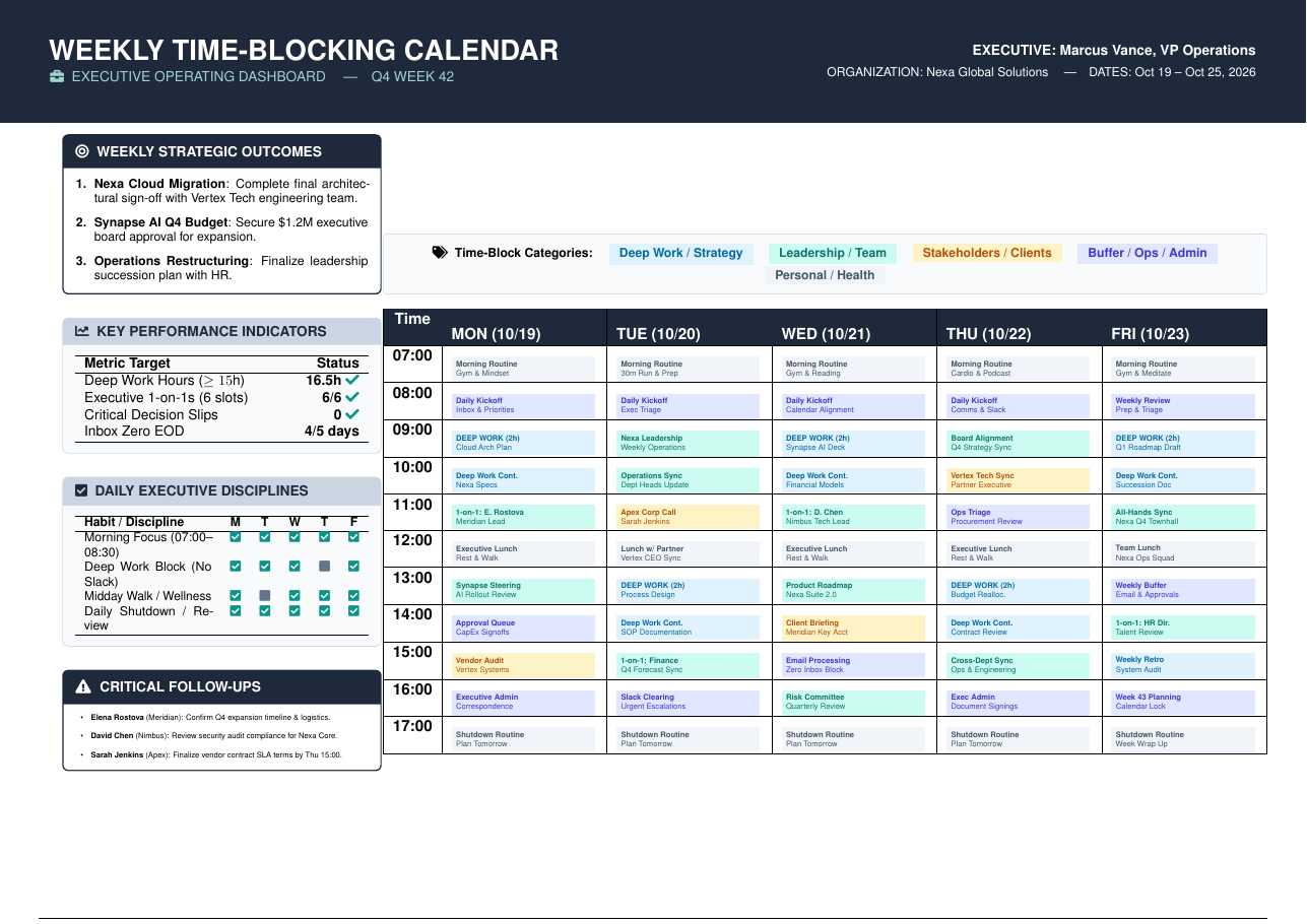 Weekly Time-Blocking Executive Calendar preview