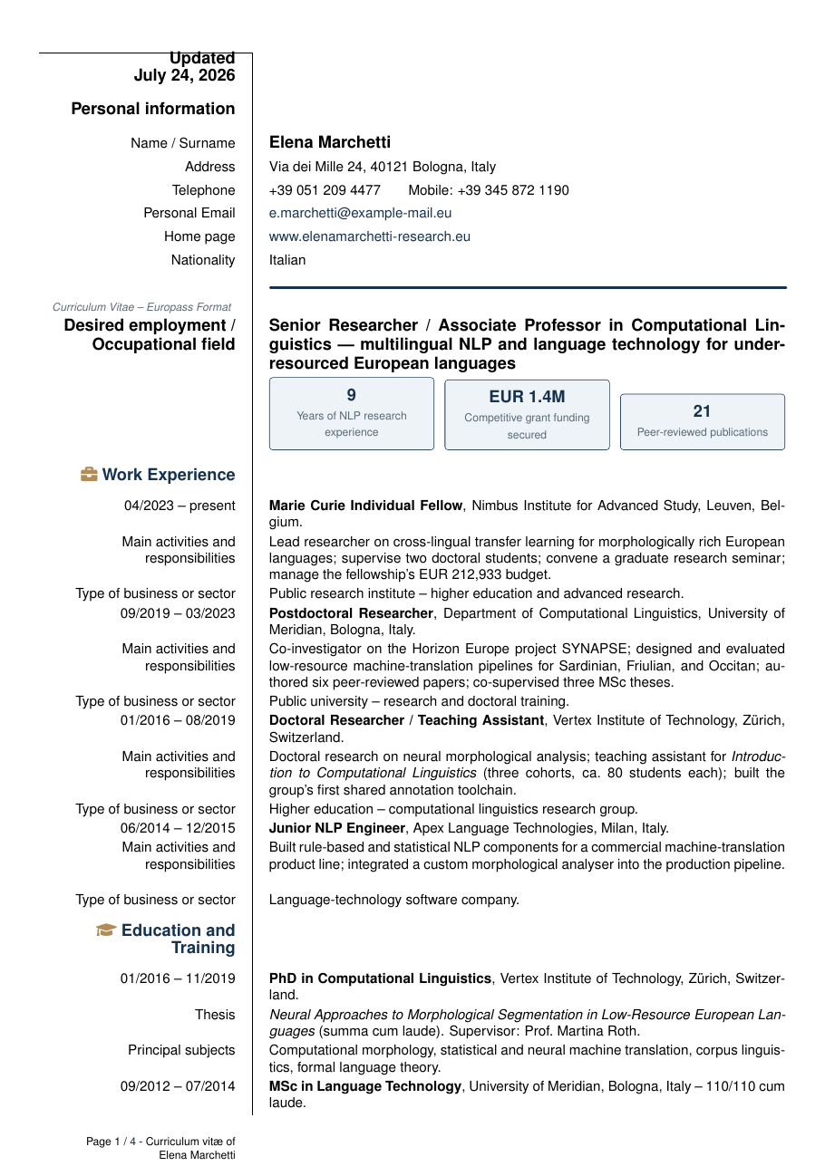 Europass Standard European Academic CV preview
