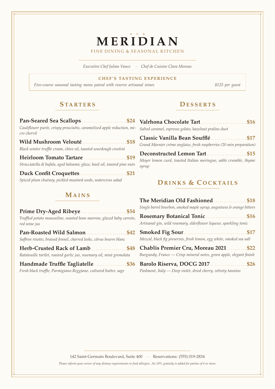 Elegant Restaurant Menu