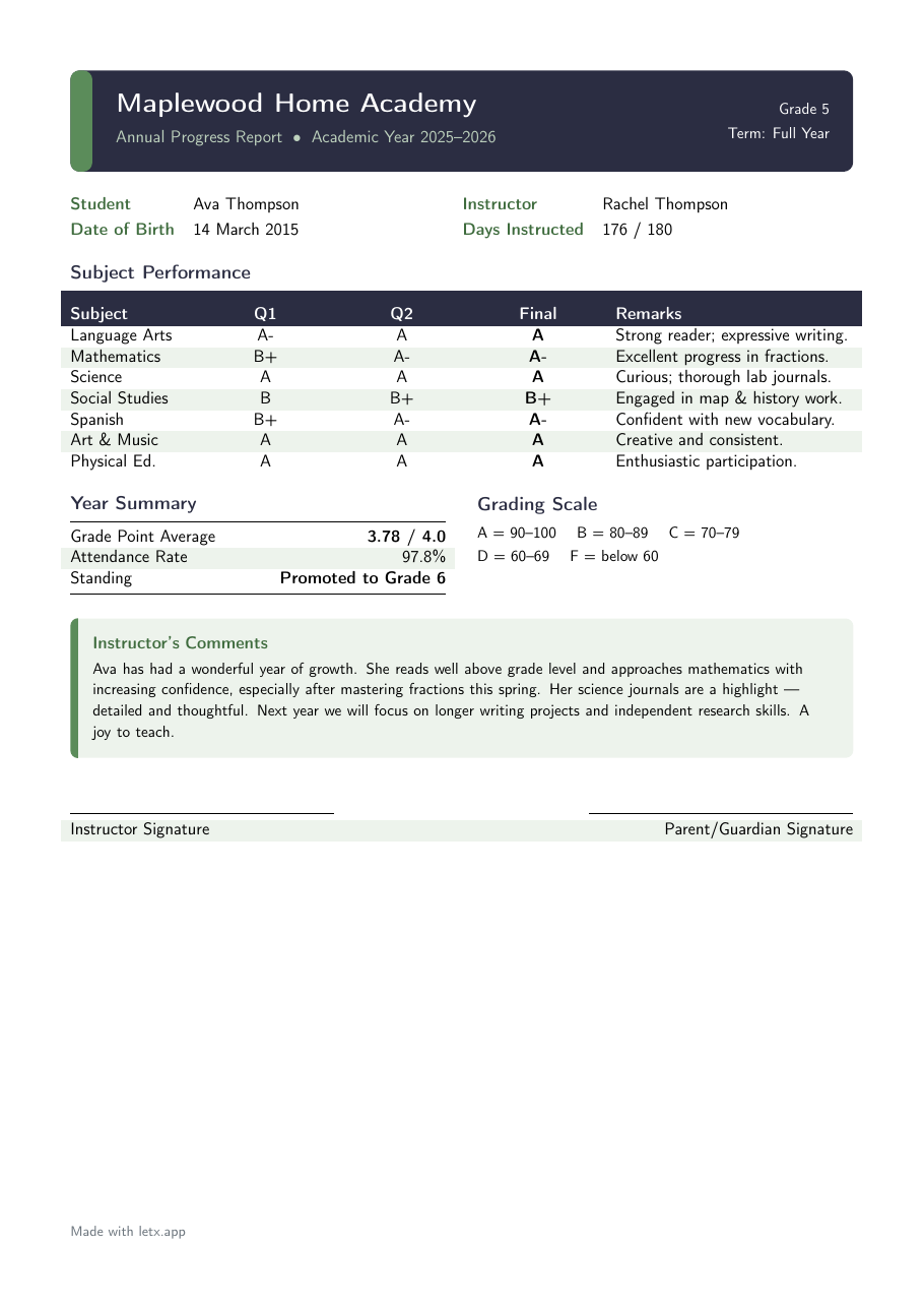 Homeschool Report Card LaTeX template — first page preview