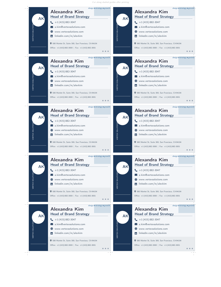 Business Card Sheet LaTeX template — first page preview