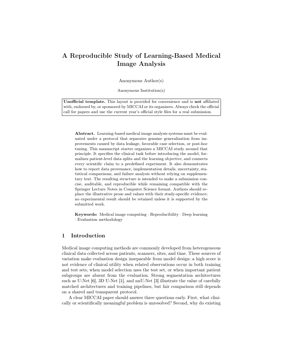 MICCAI Submission Paper LaTeX template — first page preview