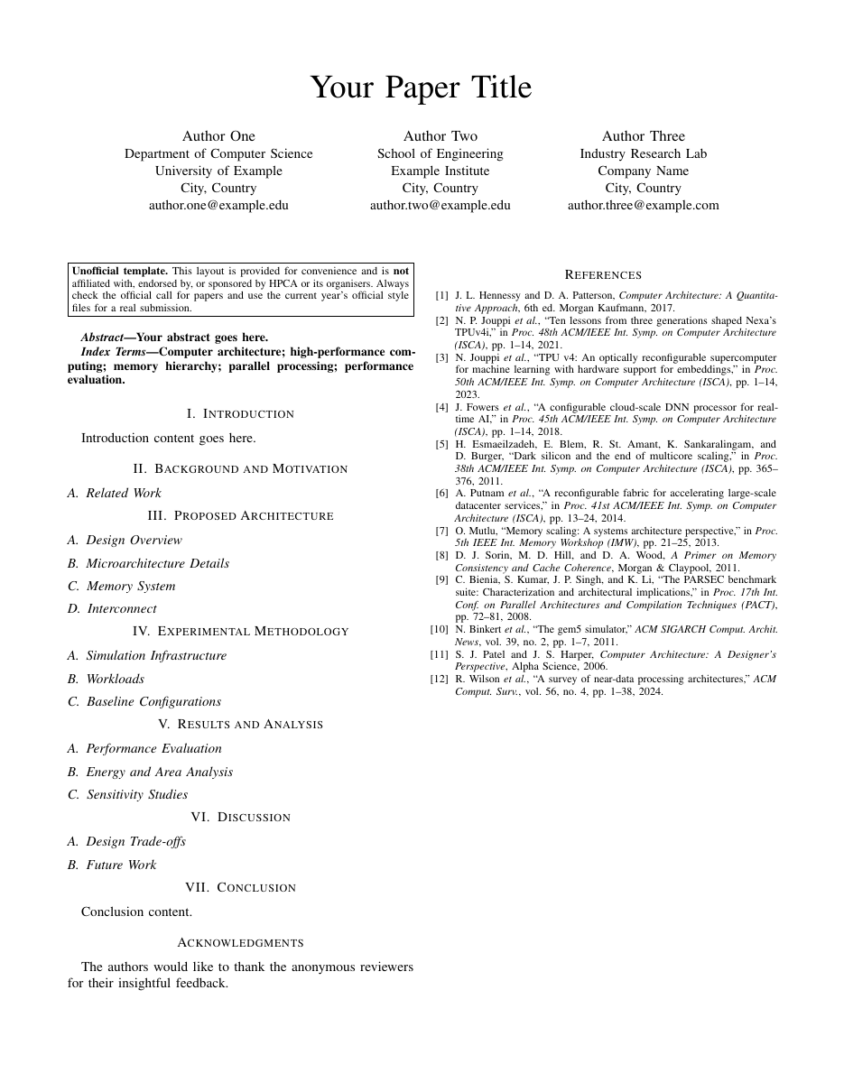 HPCA Architecture Paper LaTeX template — first page preview