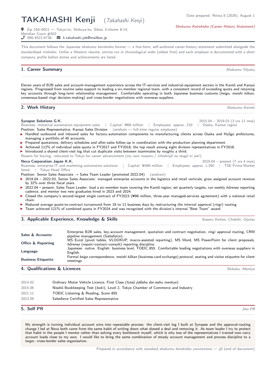 Japanese Shokumu Keirekisho CV LaTeX template — first page preview