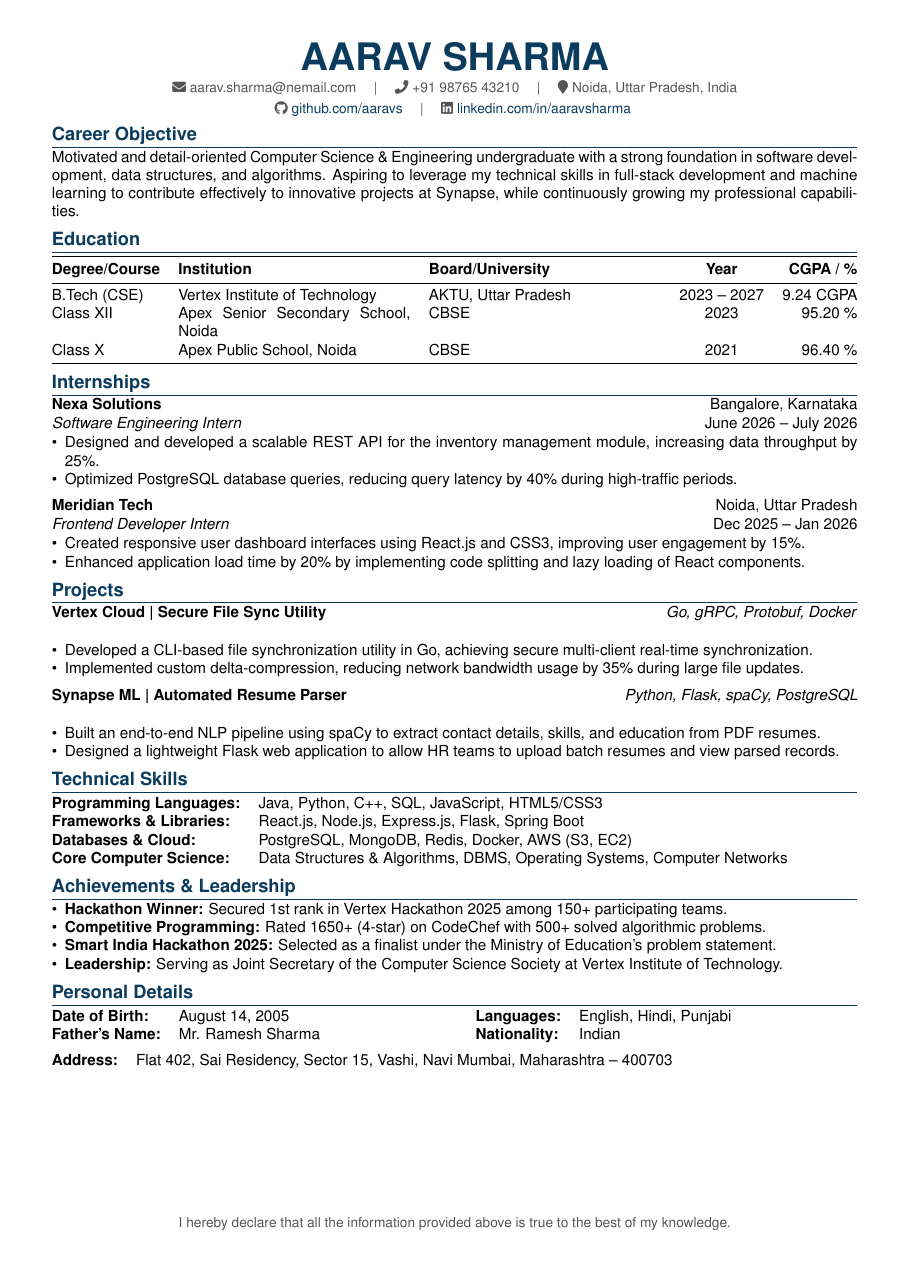 Indian Standard Resume LaTeX template — first page preview