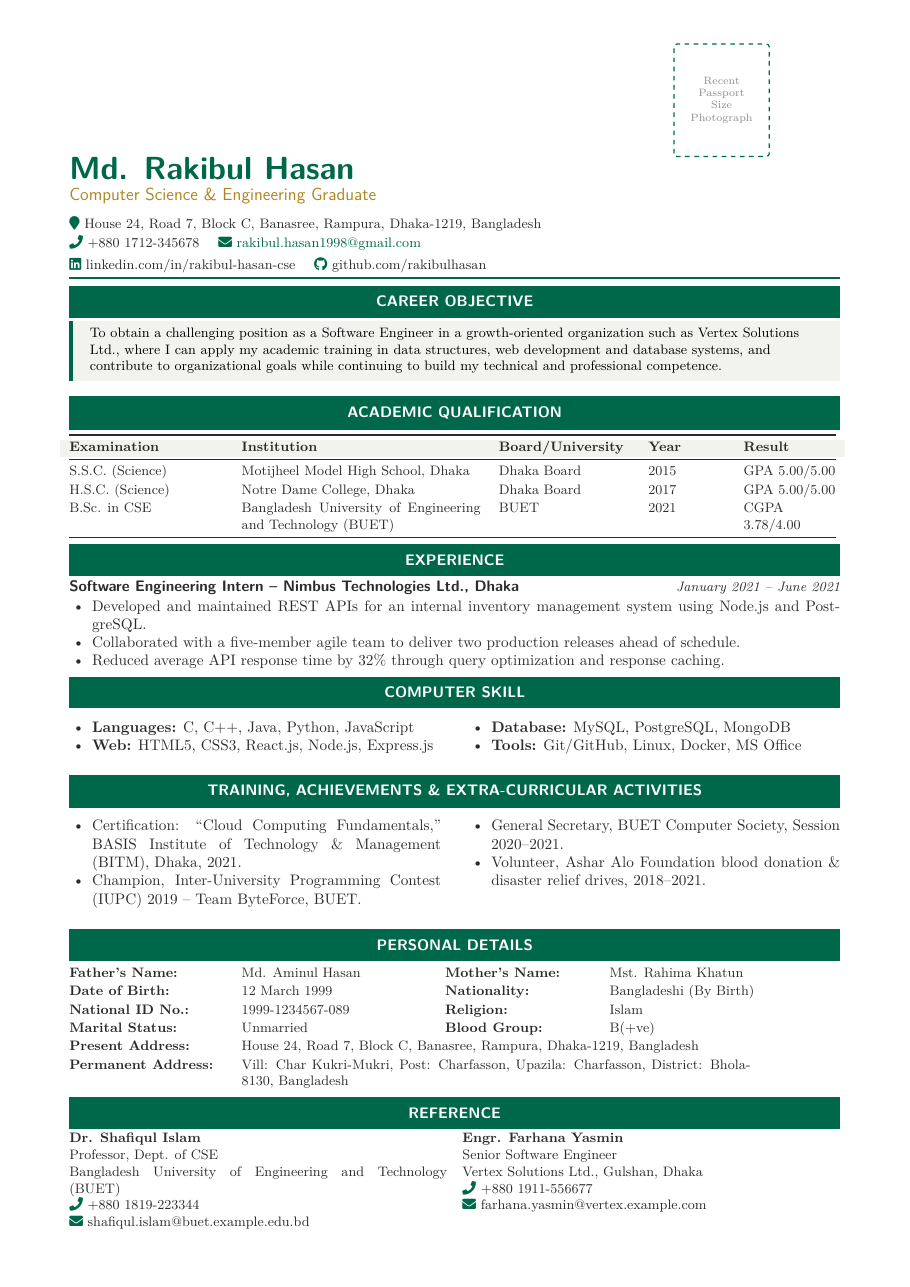 Bangladeshi Standard CV LaTeX template — first page preview