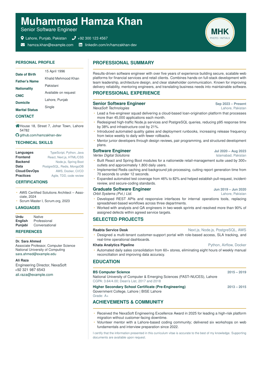 Pakistani Standard CV LaTeX template — first page preview