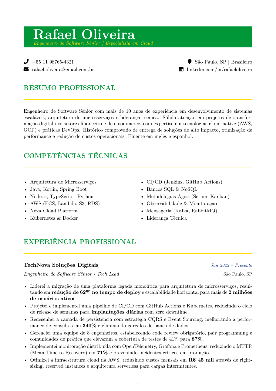 Brazilian Curriculo Resume LaTeX template — first page preview