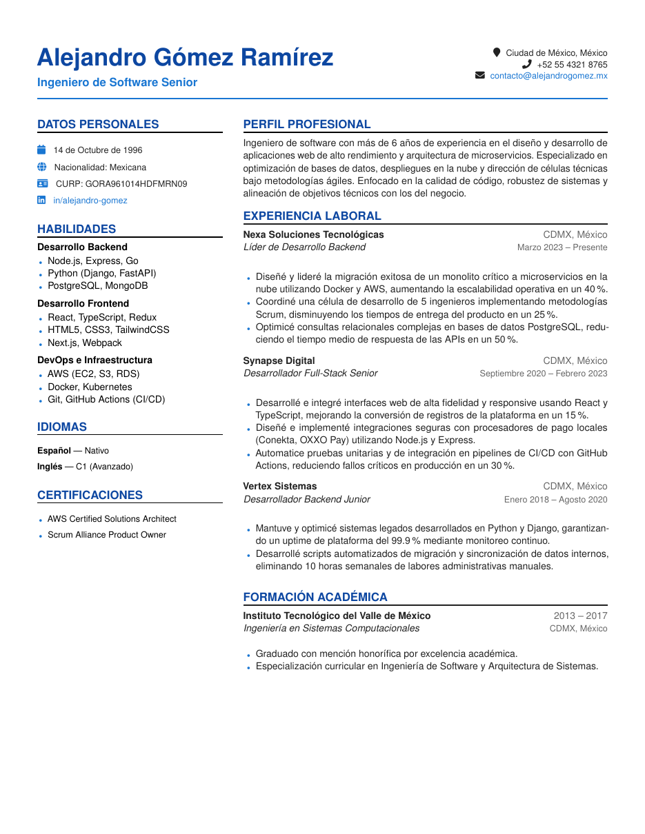 Mexican Curriculum Vitae LaTeX template — first page preview