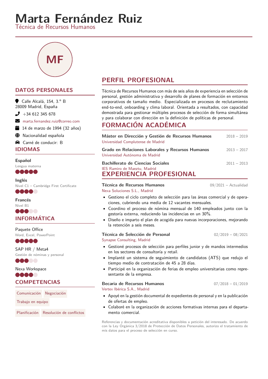 Spanish Curriculum Vitae LaTeX template — first page preview