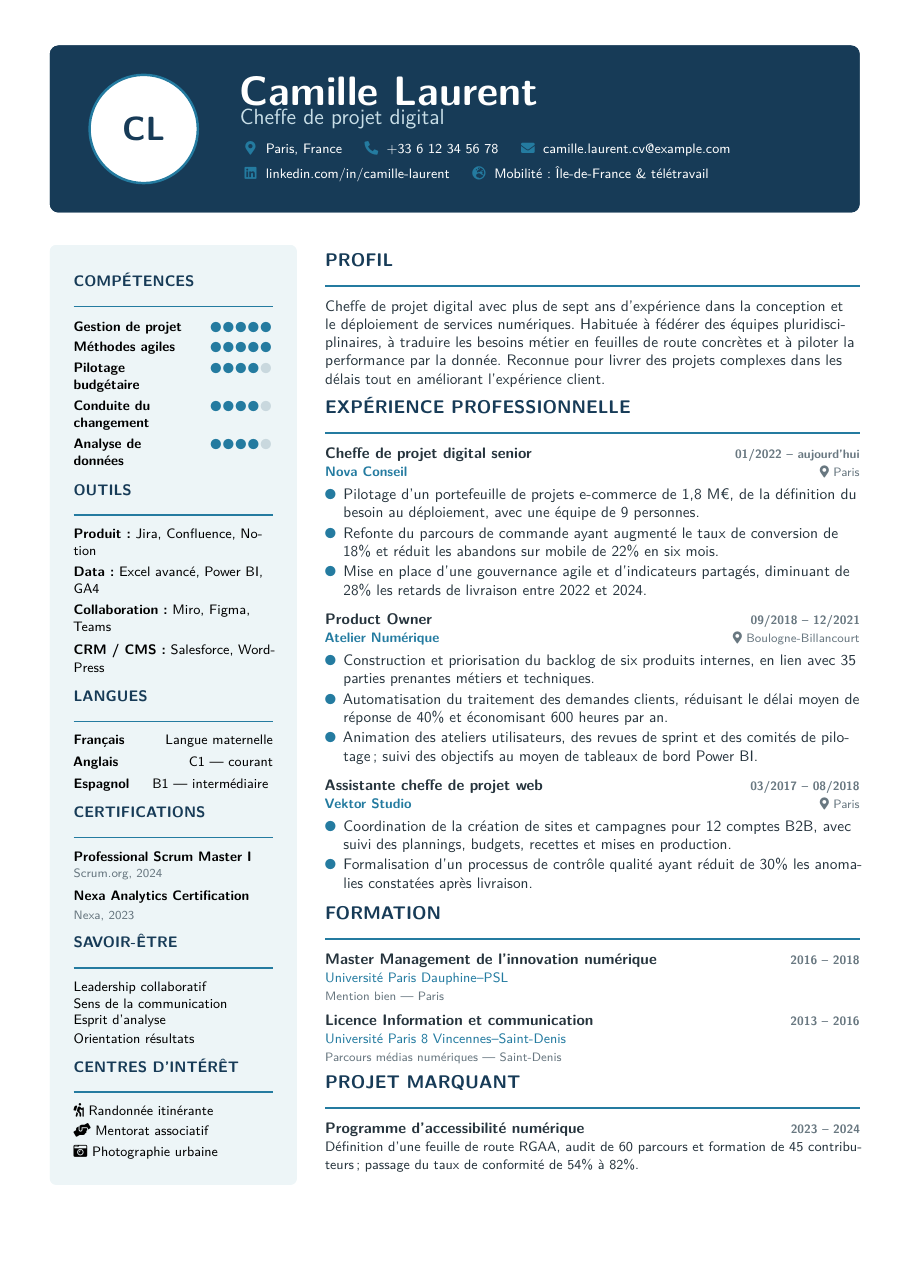 French CV Francais LaTeX template — first page preview