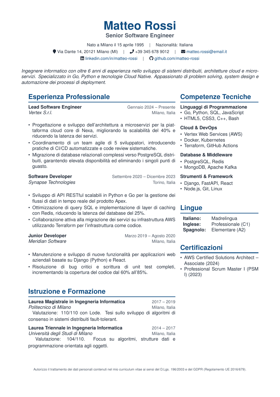 Italian Curriculum Vitae LaTeX template — first page preview