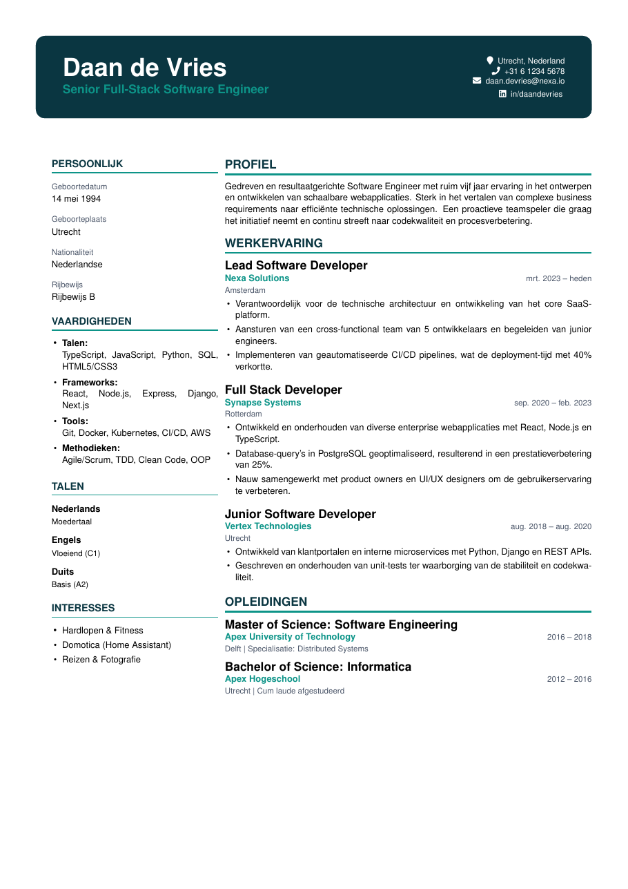 Dutch CV LaTeX template — first page preview