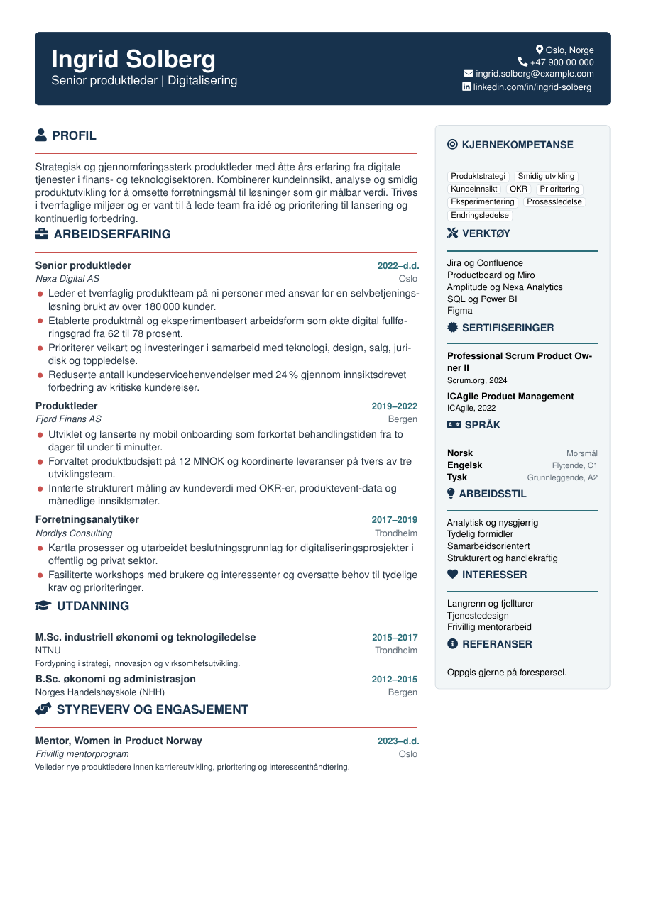 Norwegian CV LaTeX template — first page preview