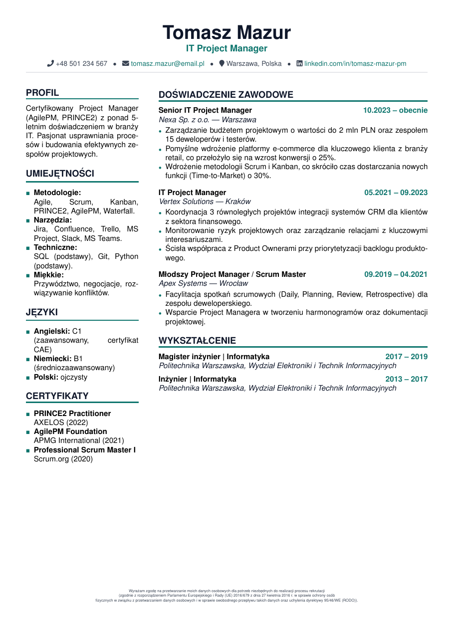 Polish Zyciorys CV LaTeX template — first page preview
