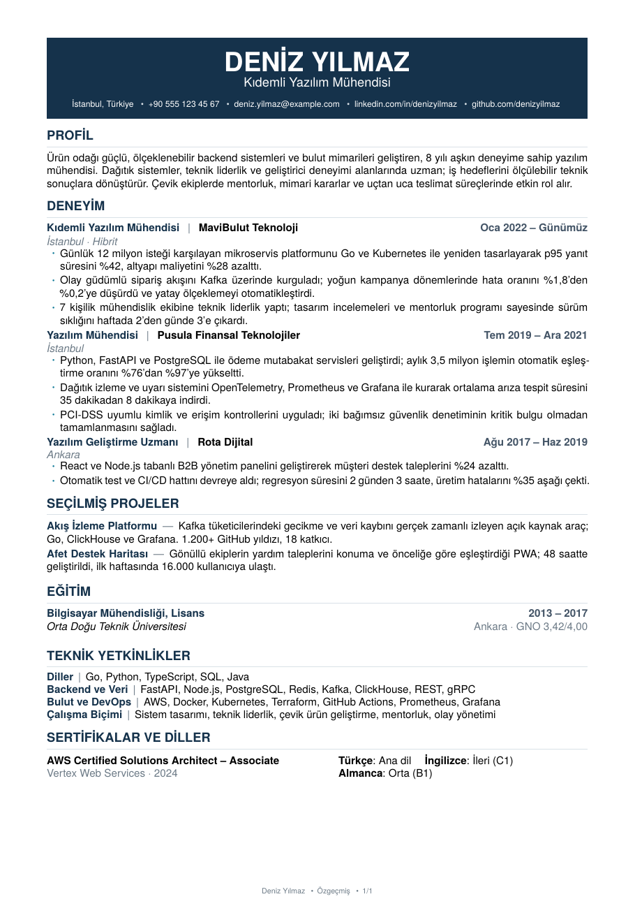 Turkish Ozgecmis CV LaTeX template — first page preview