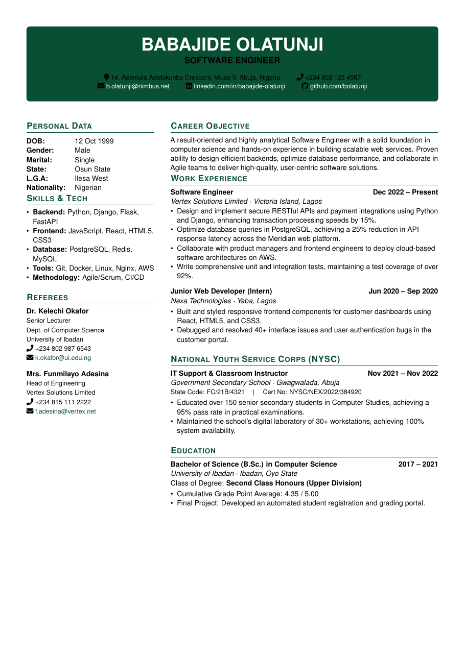 Nigerian Standard CV LaTeX template — first page preview