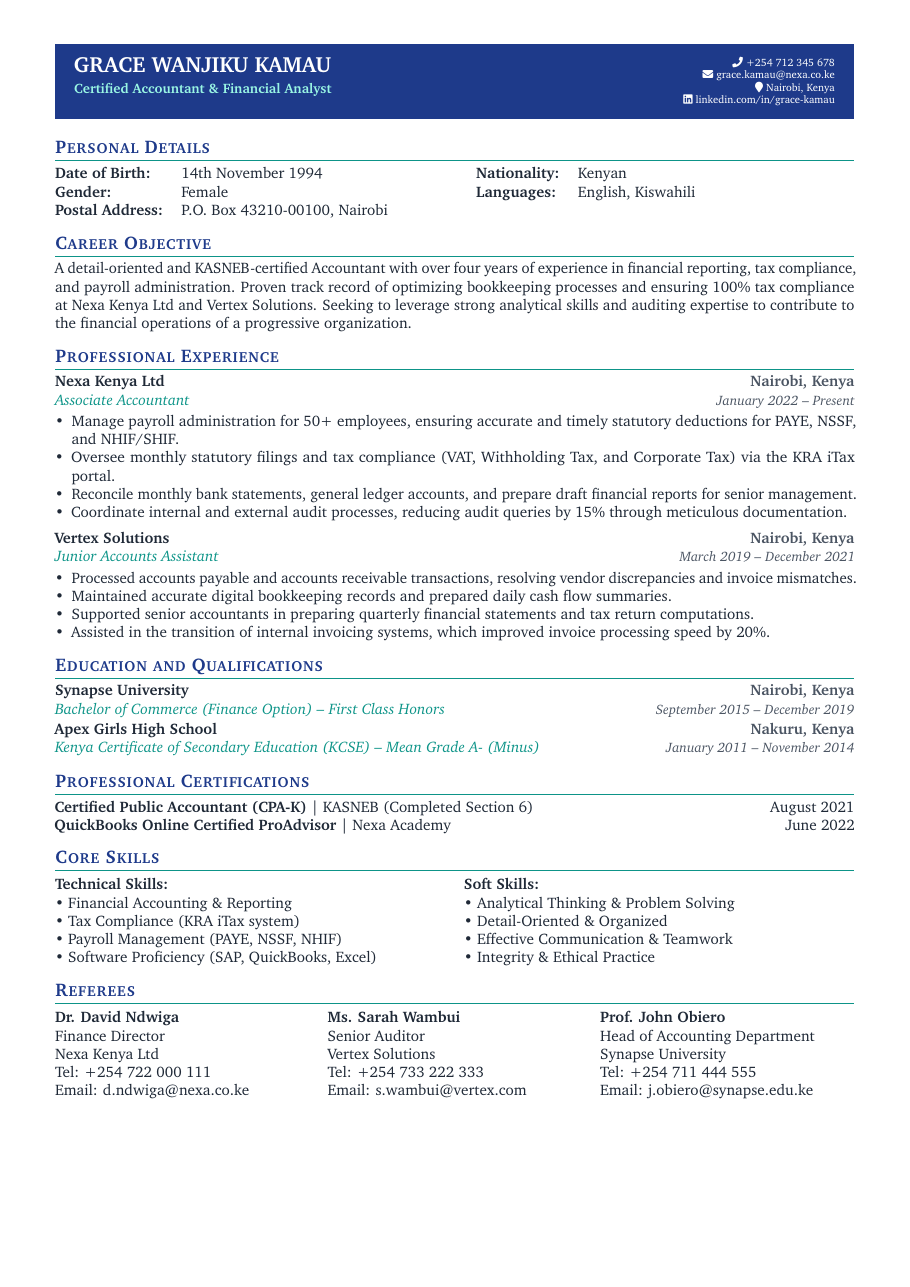 Kenyan Standard CV LaTeX template — first page preview