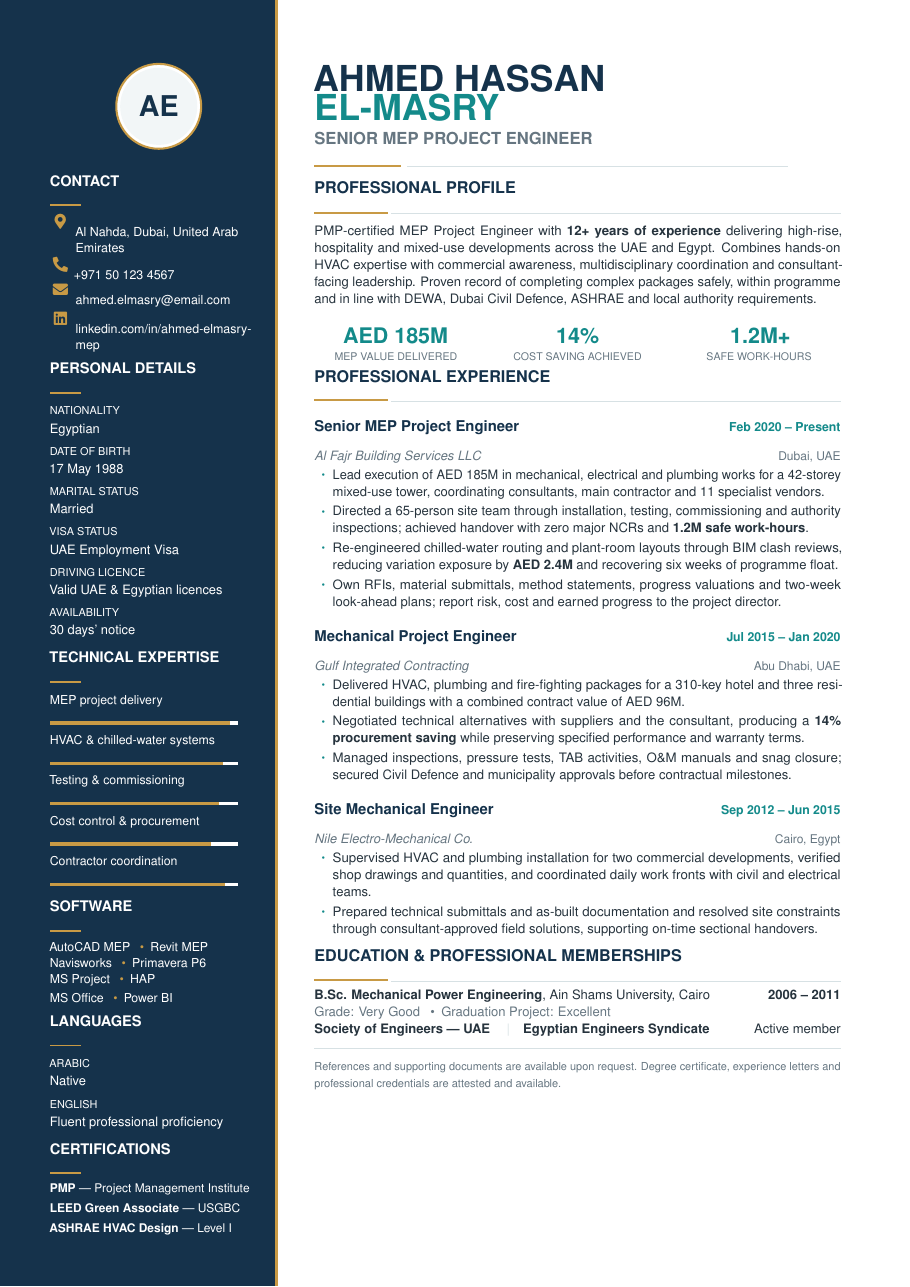 Egyptian Gulf Standard CV LaTeX template — first page preview