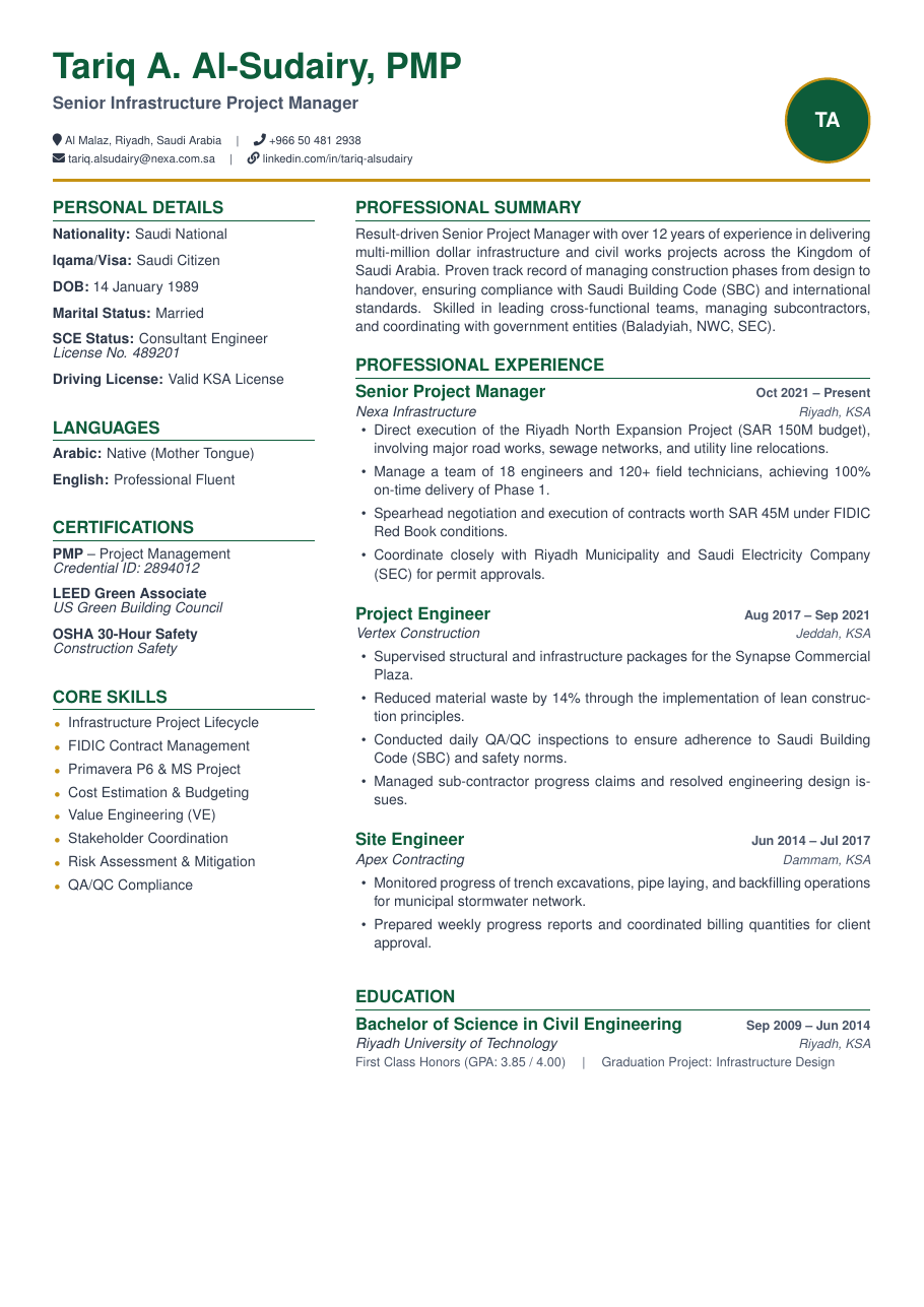 Saudi Gulf Standard CV LaTeX template — first page preview