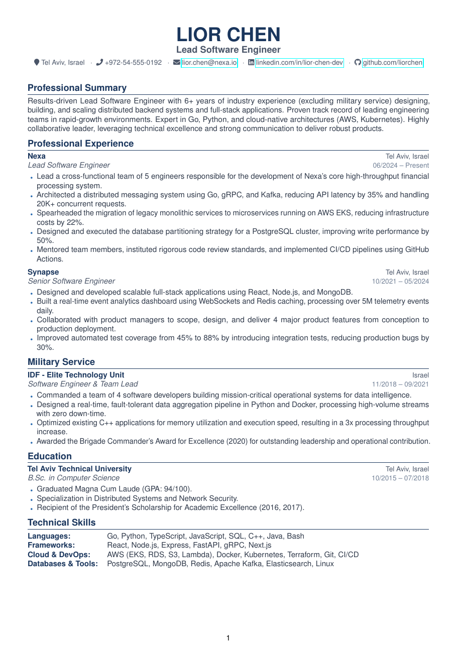 Israeli Standard CV LaTeX template — first page preview