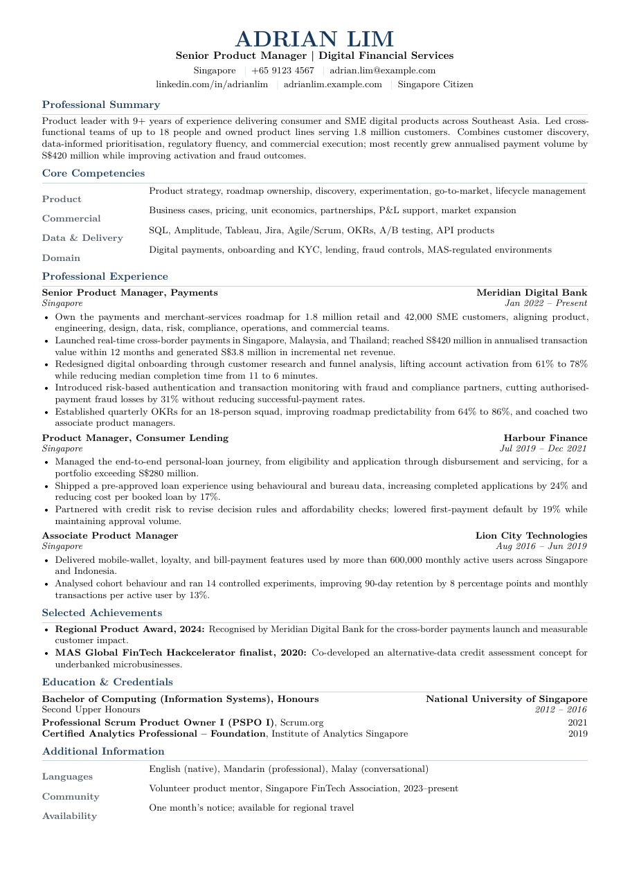 Singapore Standard Resume LaTeX template — first page preview
