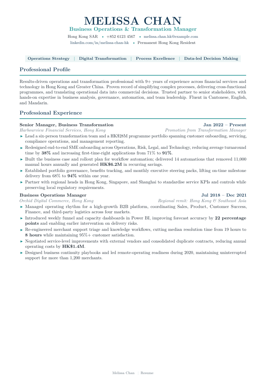 Hong Kong Standard Resume LaTeX template — first page preview