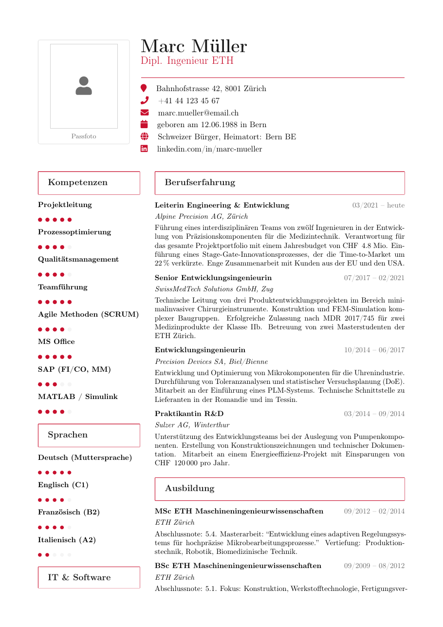 Swiss Standard CV LaTeX template — first page preview