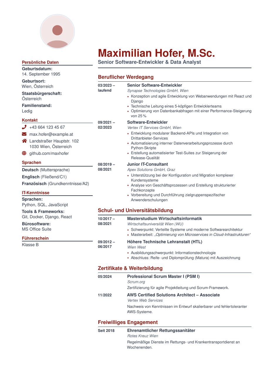 Austrian Standard CV LaTeX template — first page preview
