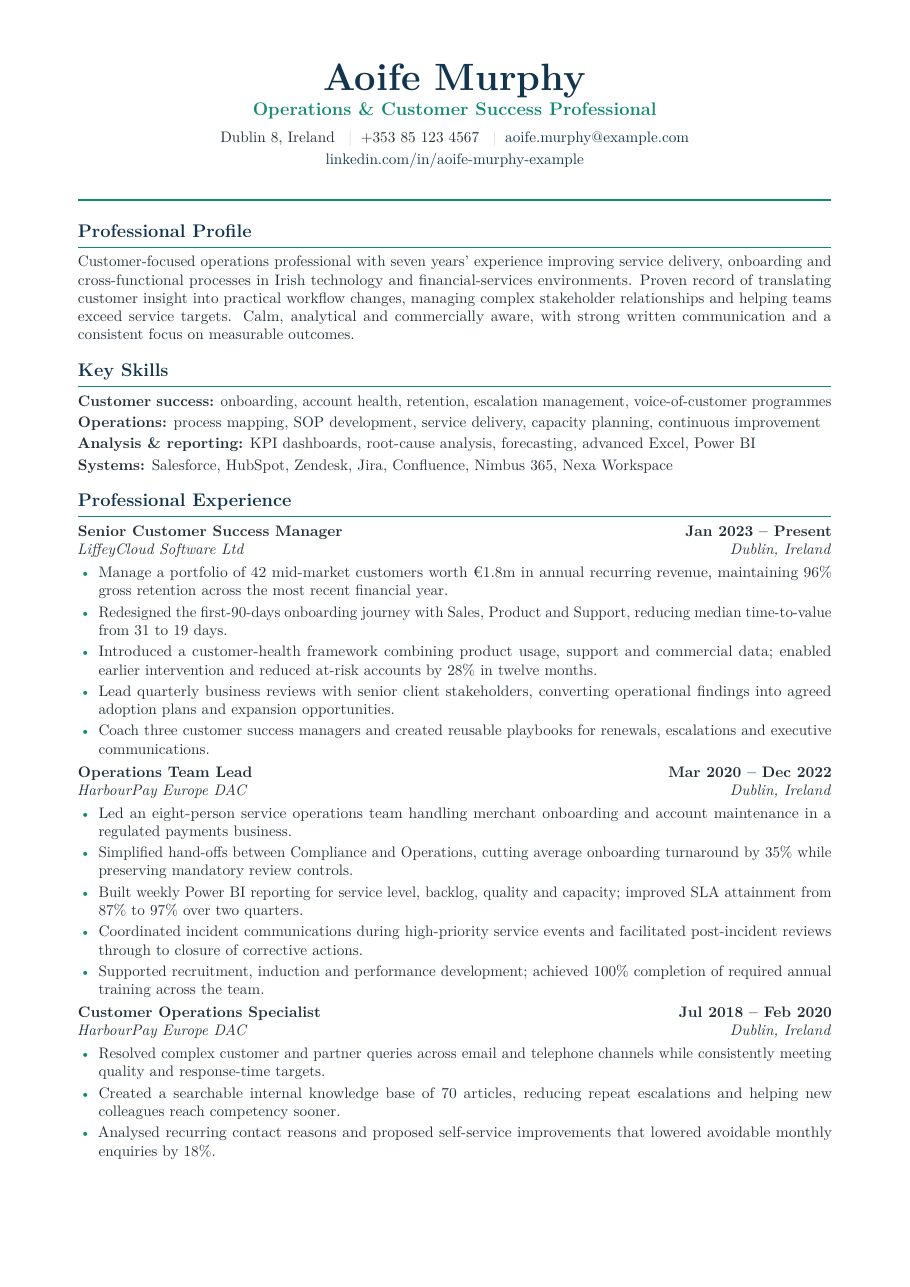 Irish Standard CV LaTeX template — first page preview