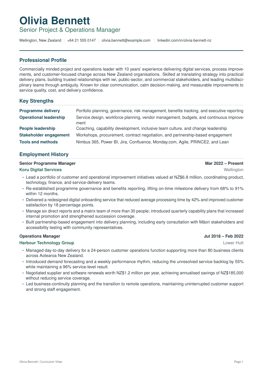 New Zealand Standard CV LaTeX template — first page preview