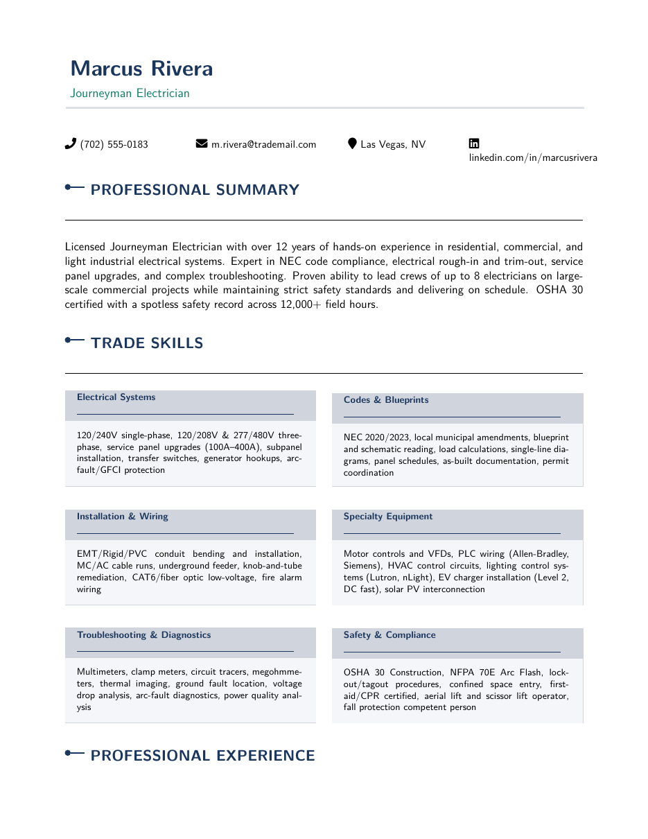 Electrician Trade Resume LaTeX template — first page preview