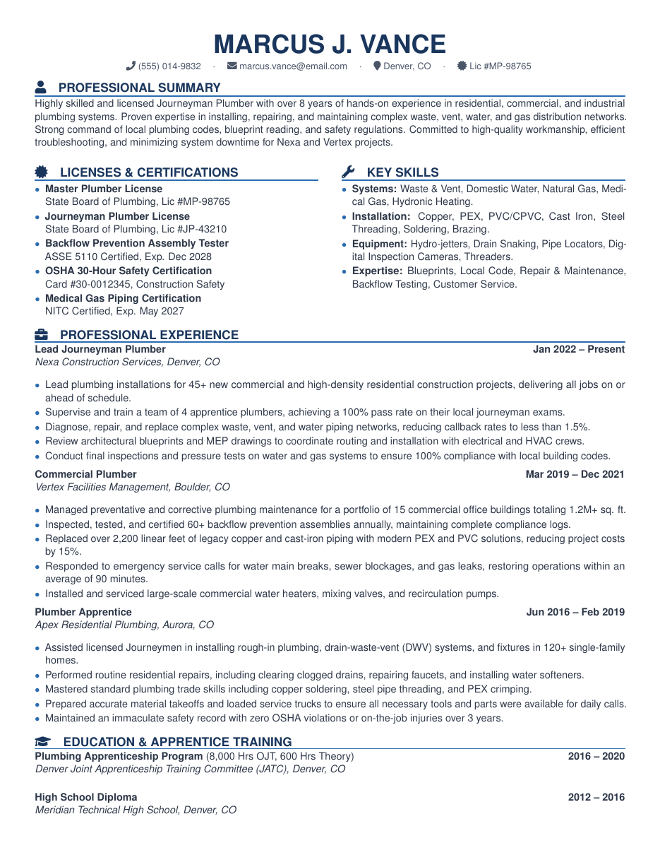 Plumber Trade Resume LaTeX template — first page preview