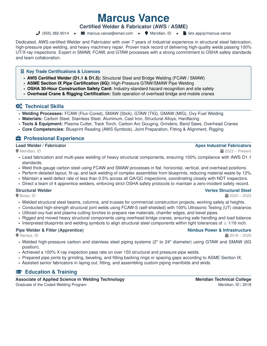 Welder Trade Resume LaTeX template — first page preview