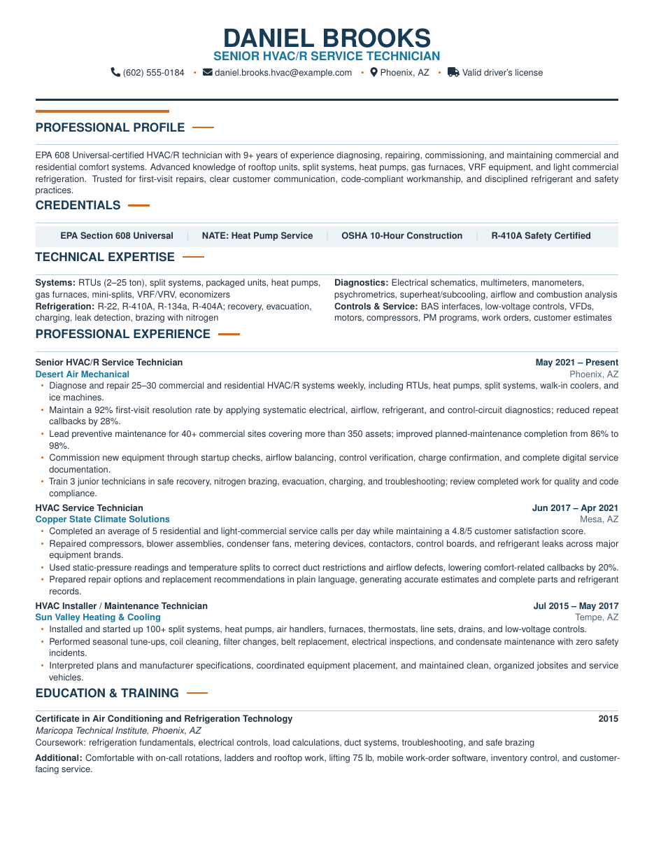 HVAC Technician Resume LaTeX template — first page preview