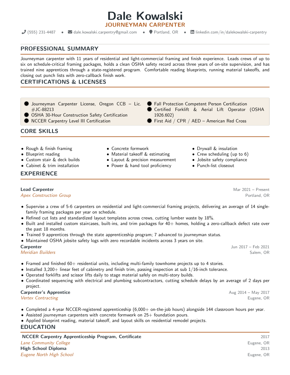 Carpenter Trade Resume LaTeX template — first page preview