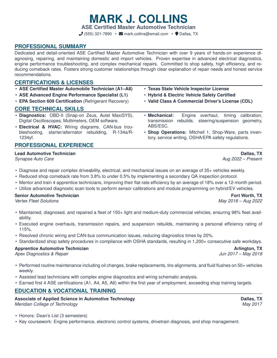 Automotive Technician Resume LaTeX template — first page preview