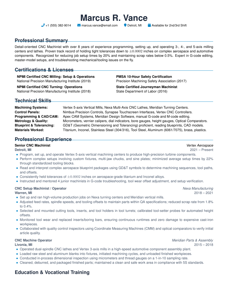 CNC Machinist Resume LaTeX template — first page preview